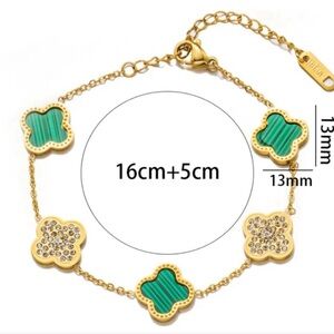 Chic 18k Gold Stainless Steel Kelly Green Clover Bracelet; Adjustable 6-8.5"